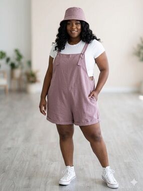 Relaxed Tie-Shoulder Short Overalls in Dusty Mauve